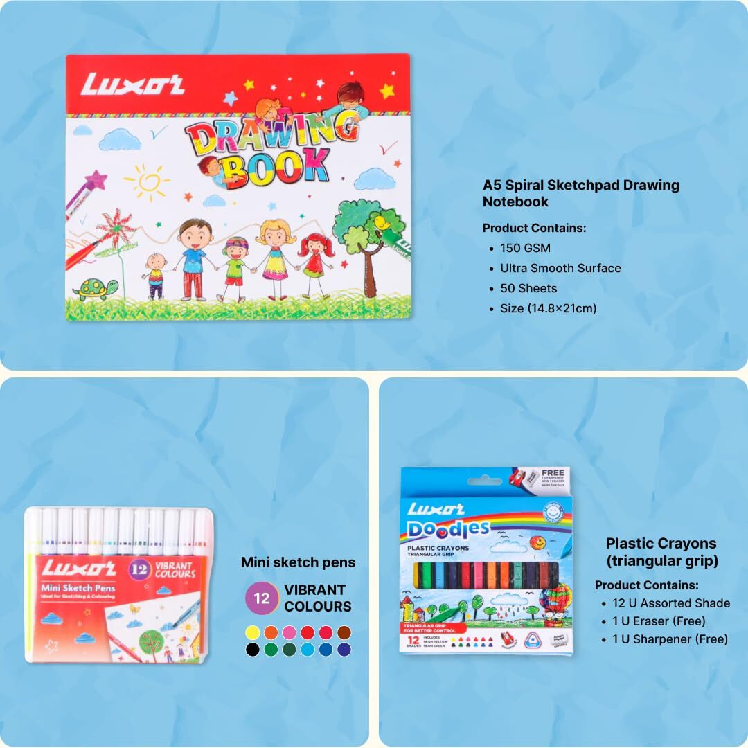 Luxor Doodles Budding Artist Kit For Kids - Drawing Book, Non-Toxic Plastic Crayons, Oil Pastels, Mini Sketch Pens, Washable Magic Colours, Pencils & Erasers, Best Choice For Budding Artists