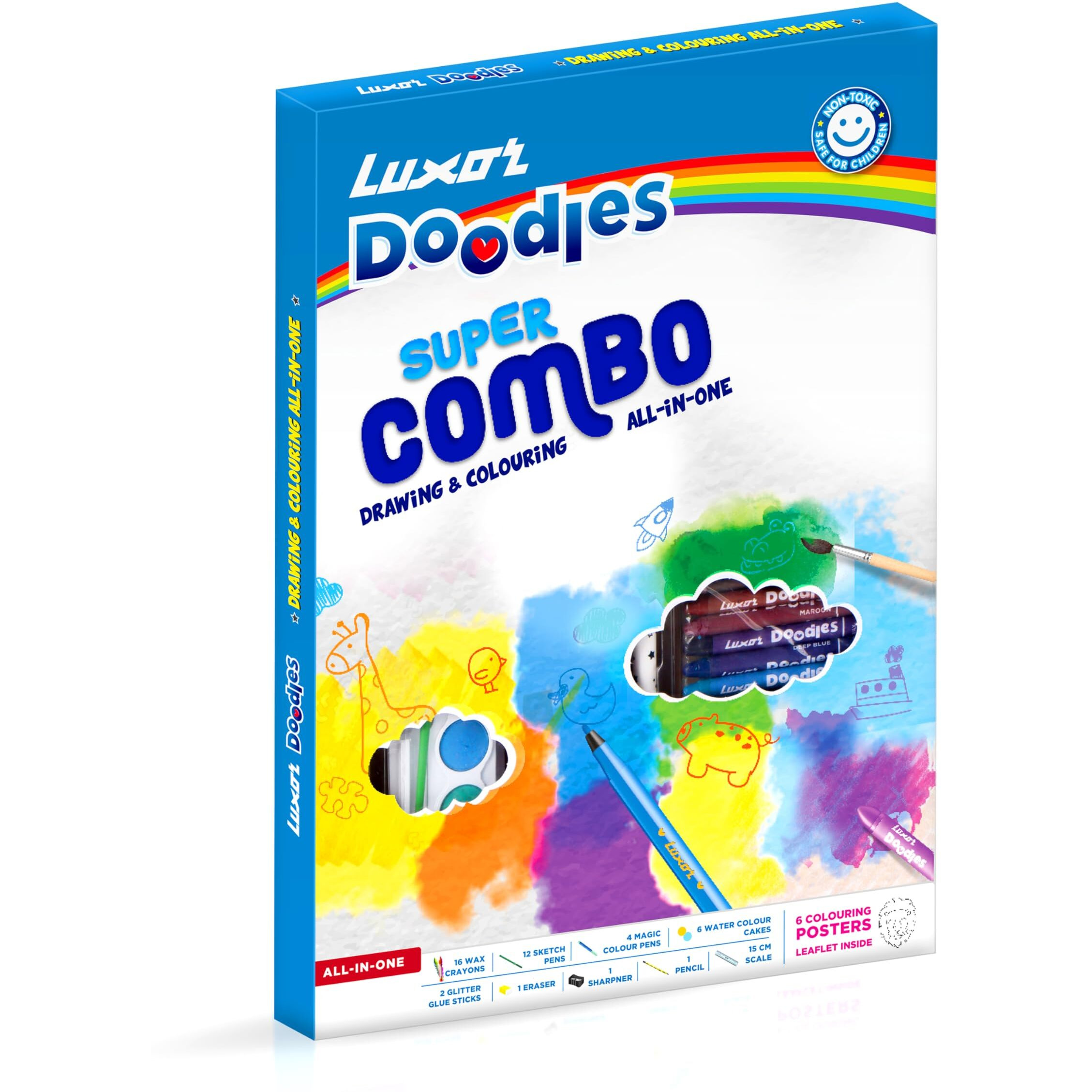 Luxor Doodles Super Combo Art Set - Ignite Imagination With Diverse Crayons, Sketch Pens, Water Colors, Glitter, Glue, Eraser & Sharpener, Ultimate Creative Kit For Kids' Artistic Adventures
