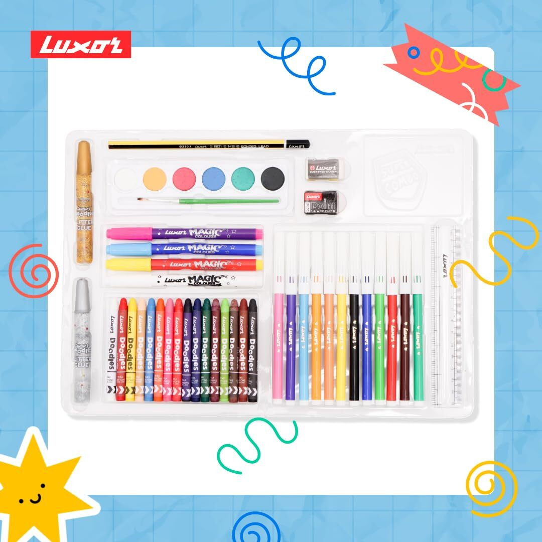 Luxor Doodles Super Combo Art Set - Ignite Imagination With Diverse Crayons, Sketch Pens, Water Colors, Glitter, Glue, Eraser & Sharpener, Ultimate Creative Kit For Kids' Artistic Adventures