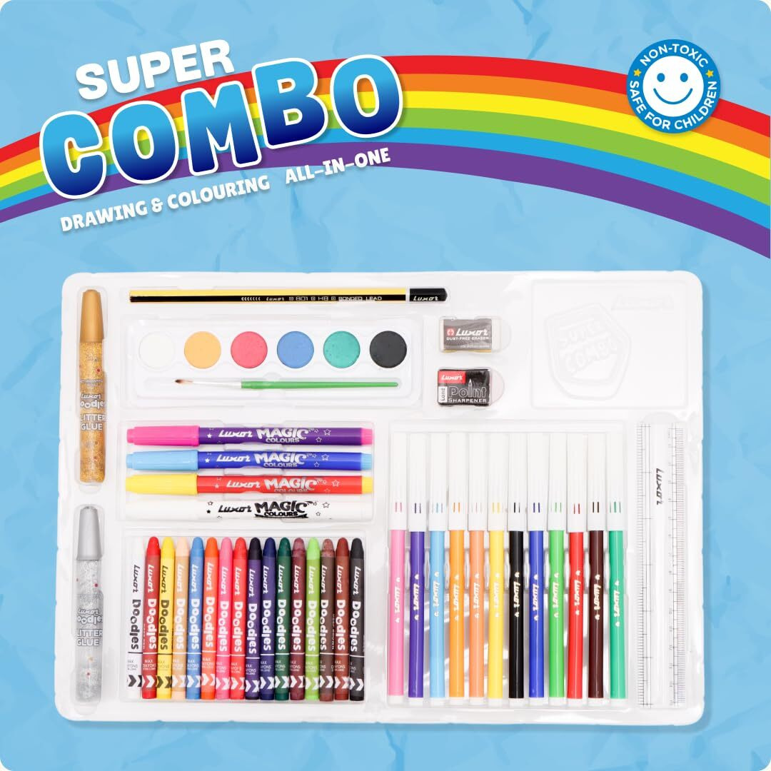 Luxor Doodles Super Combo Art Set - Ignite Imagination With Diverse Crayons, Sketch Pens, Water Colors, Glitter, Glue, Eraser & Sharpener, Ultimate Creative Kit For Kids' Artistic Adventures