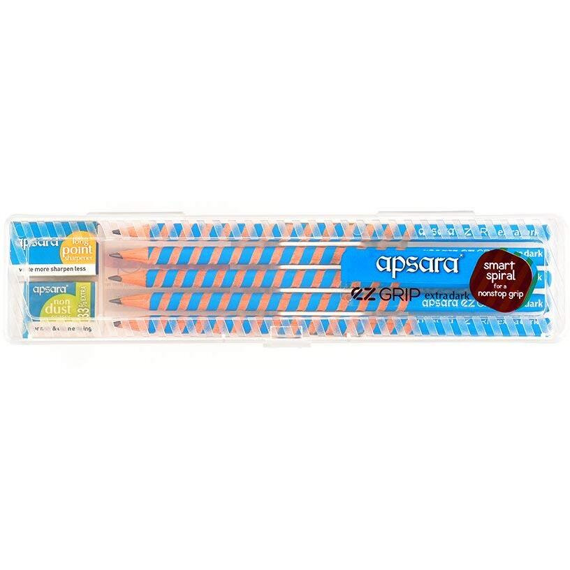 Apsara Ez Grip Pencil | Spiral Grip For Comfortable Writing | Extra Dark Lead | Premium Soft Wood | Easy Sharpening | Convenient Plastic Box | Highly Durable |Student & Office Person | Pack Of 10