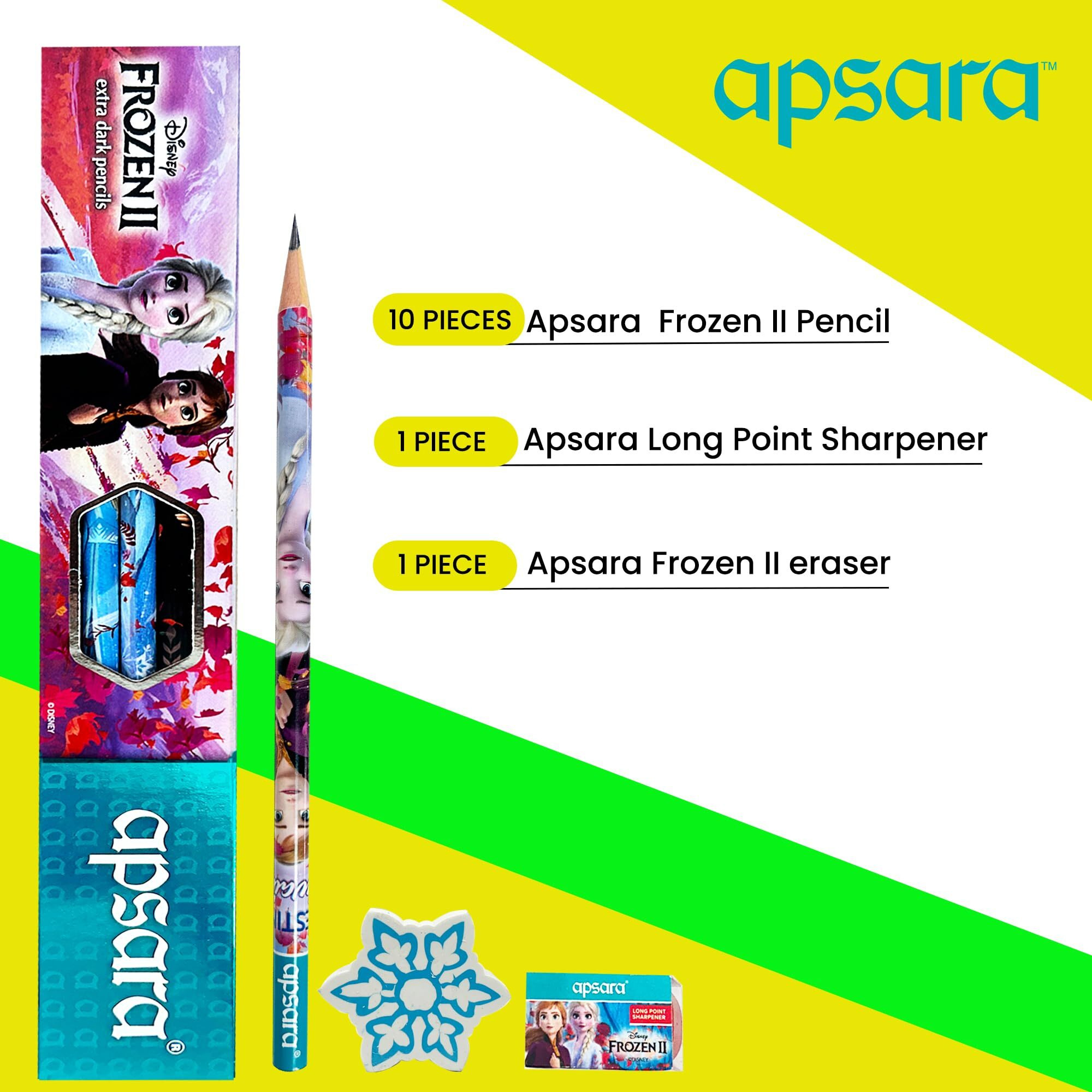 Apsara Disney Frozen-2 Pencils | Disney Pencils & Super Fun Pencils |Use For Kids, School & College Students | Extra Dark & Good Handwriting | Free Sharpener & Eraser (Pack Of 10)