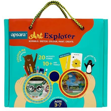 Apsara Art Explorer Kit, 20 Activity Cards For Creativity, Color Pencils, 12 Oil Pastel Colors, 12 Wax Crayons Colors, 1 Color Me Book, For 3-7 Ages Children, Fun Kit For Children, Ideal For Gifting
