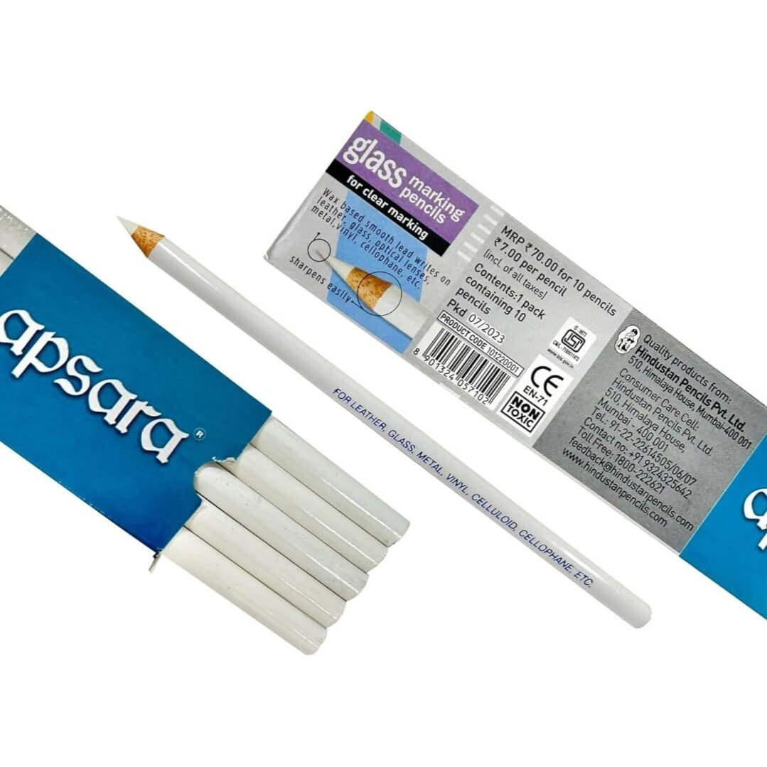Apsara Glass Marking Pencils, Long-Lasting Use, Made Of Quality Wood Material, Resistant To Water & Fading, Smooth & Practical To Use, Easy For Marking- White (Pack Of 10)