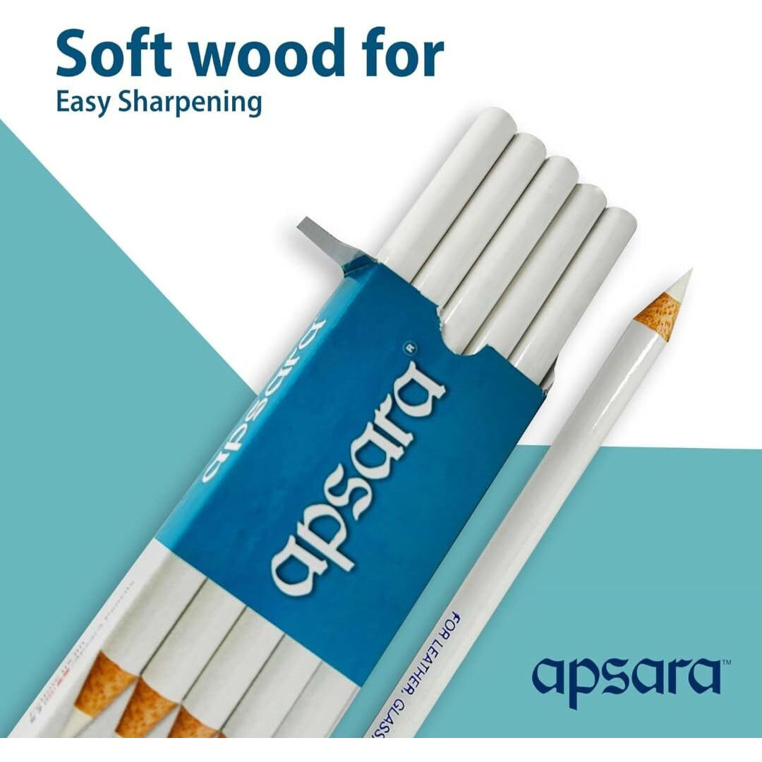 Apsara Glass Marking Pencils, Long-Lasting Use, Made Of Quality Wood Material, Resistant To Water & Fading, Smooth & Practical To Use, Easy For Marking- White (Pack Of 10)