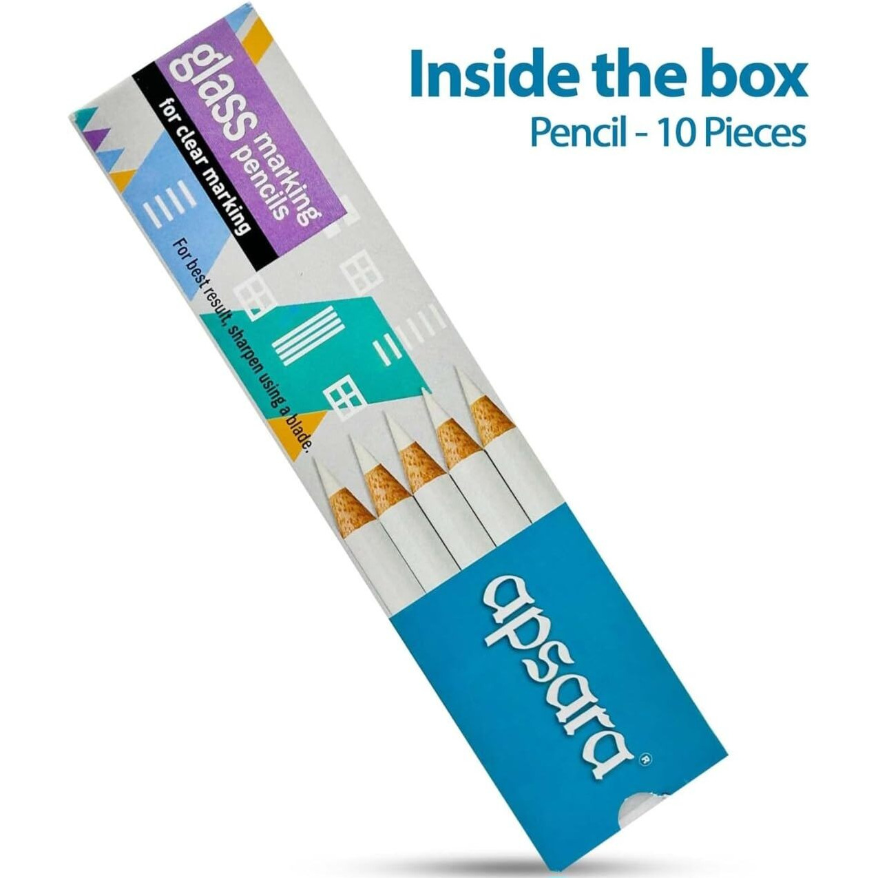 Apsara Glass Marking Pencils, Long-Lasting Use, Made Of Quality Wood Material, Resistant To Water & Fading, Smooth & Practical To Use, Easy For Marking- White (Pack Of 10)