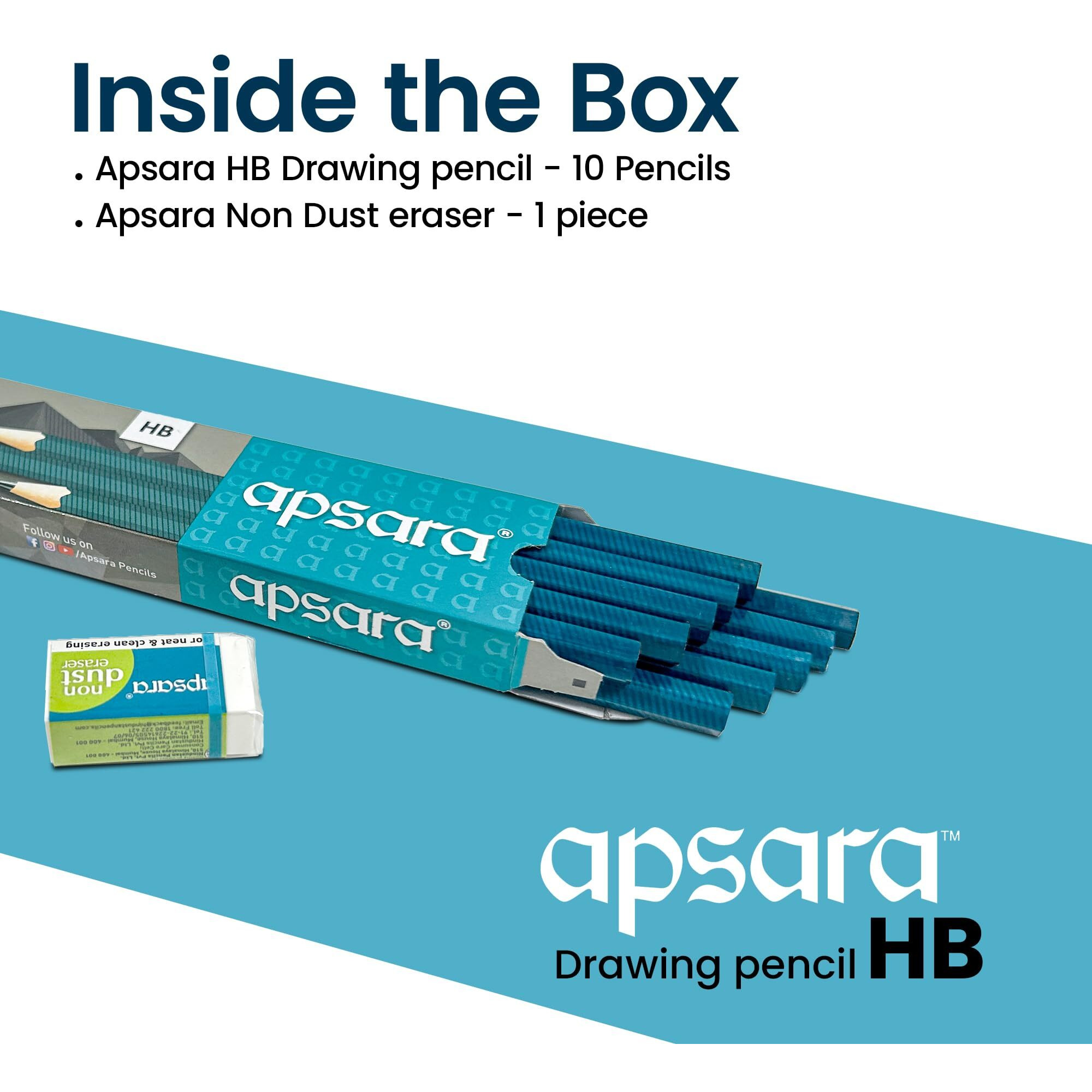 Apsara Drawing Hb Pencils, Graphite Art Drawing Pencil, Medium Hard, Break-Resistant Bonded Lead, Shading Pencils & Sketch Pencils For Beginners & Pro Artists (Pack Of 10)