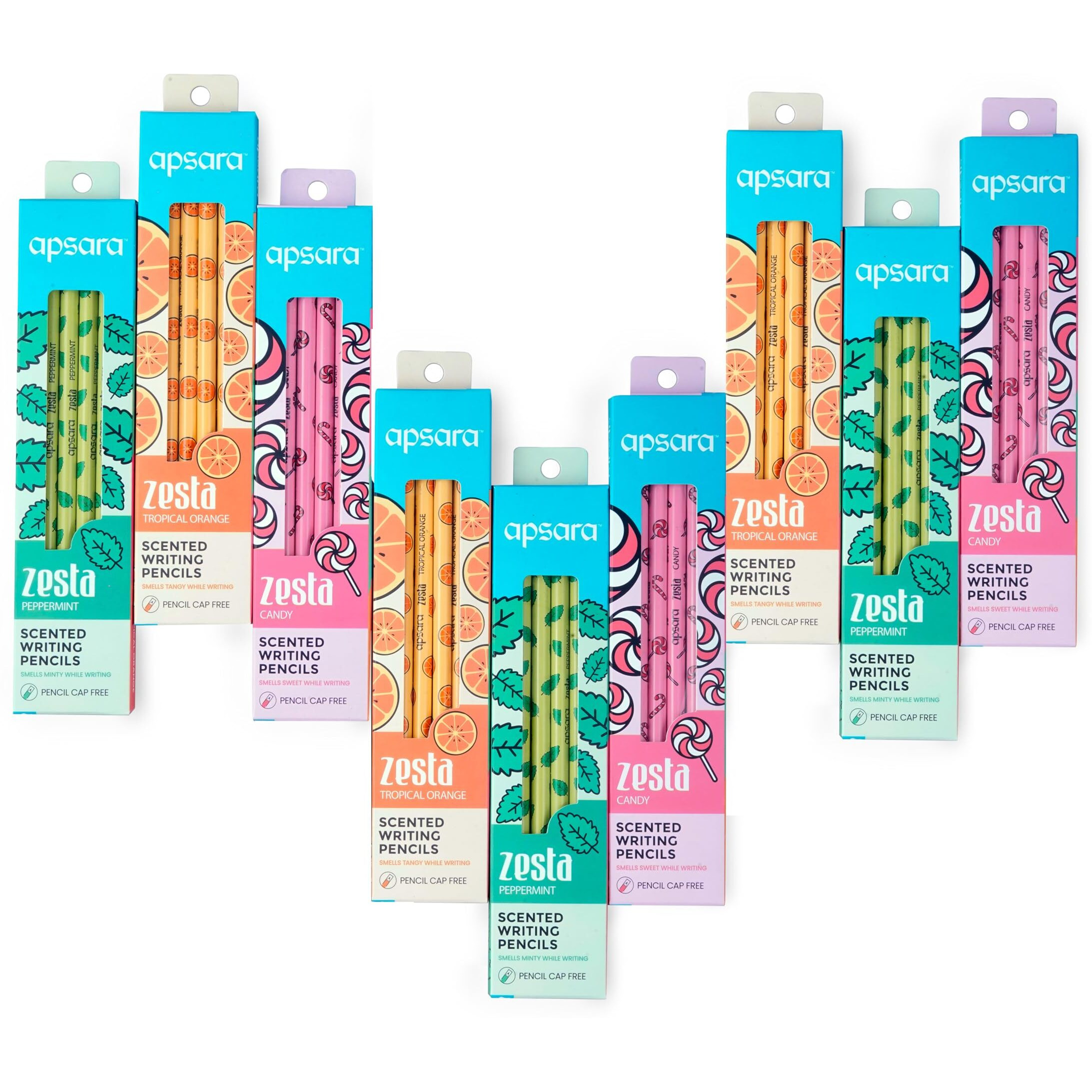 Apsara Zesta Scented 6 Pencils Pack(Topical Orange, Candy, Peppermint) (9 Boxes)