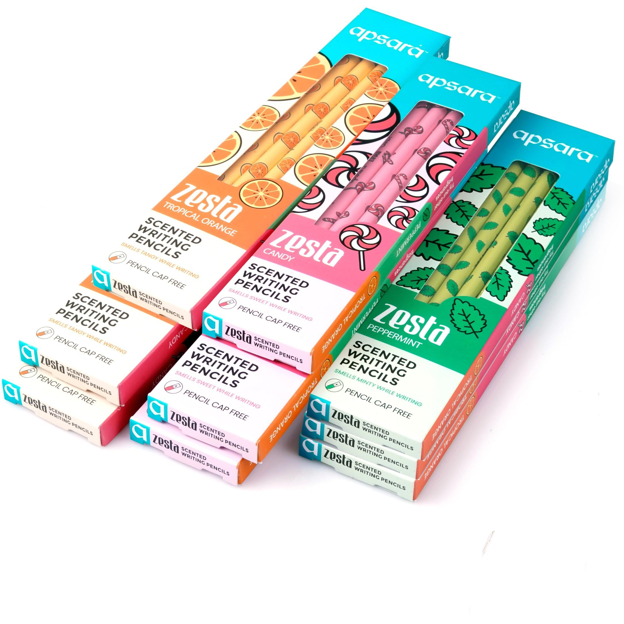 Apsara Zesta Scented 6 Pencils Pack(Topical Orange, Candy, Peppermint) (9 Boxes)
