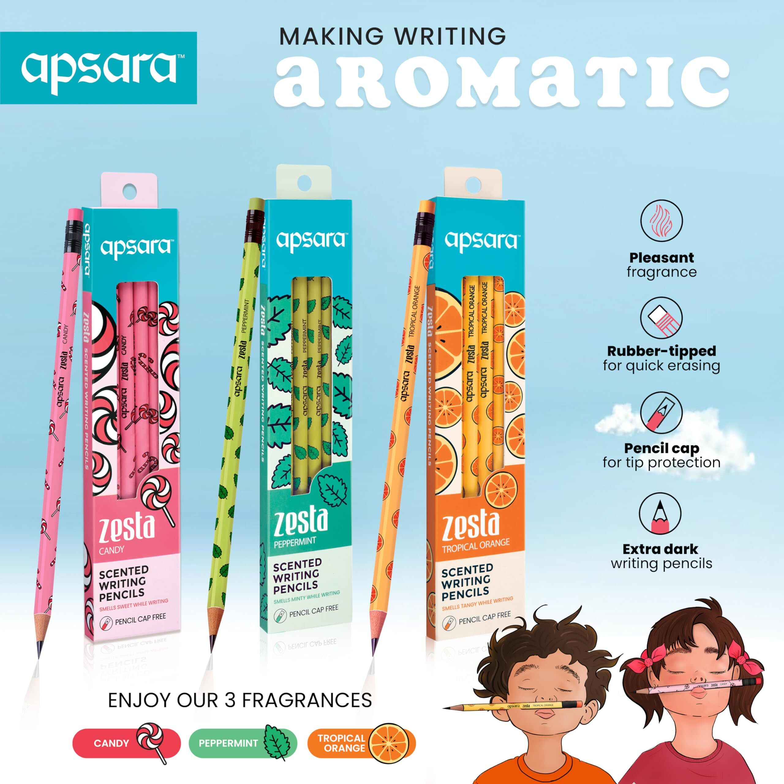Apsara Zesta Scented 6 Pencils Pack(Topical Orange, Candy, Peppermint) (9 Boxes)