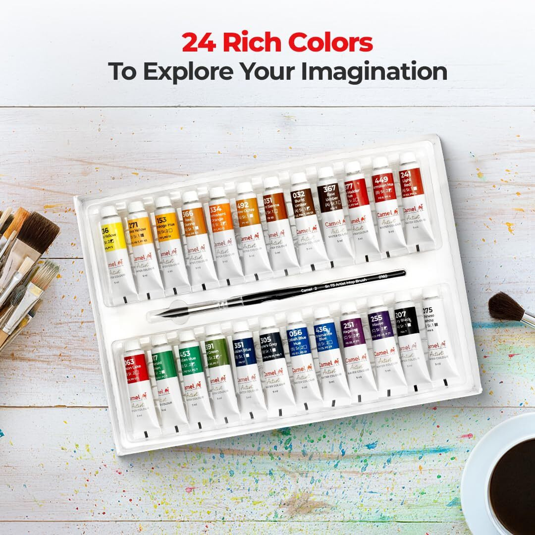 Camel Artist Watercolor Tube - 24 Shades (9Ml Each) | Vibrant Pigments For Rich Colors | Quick-Drying & Easy Blending | Perfect For Portraits, Landscapes & Florals | Multi Surface Use