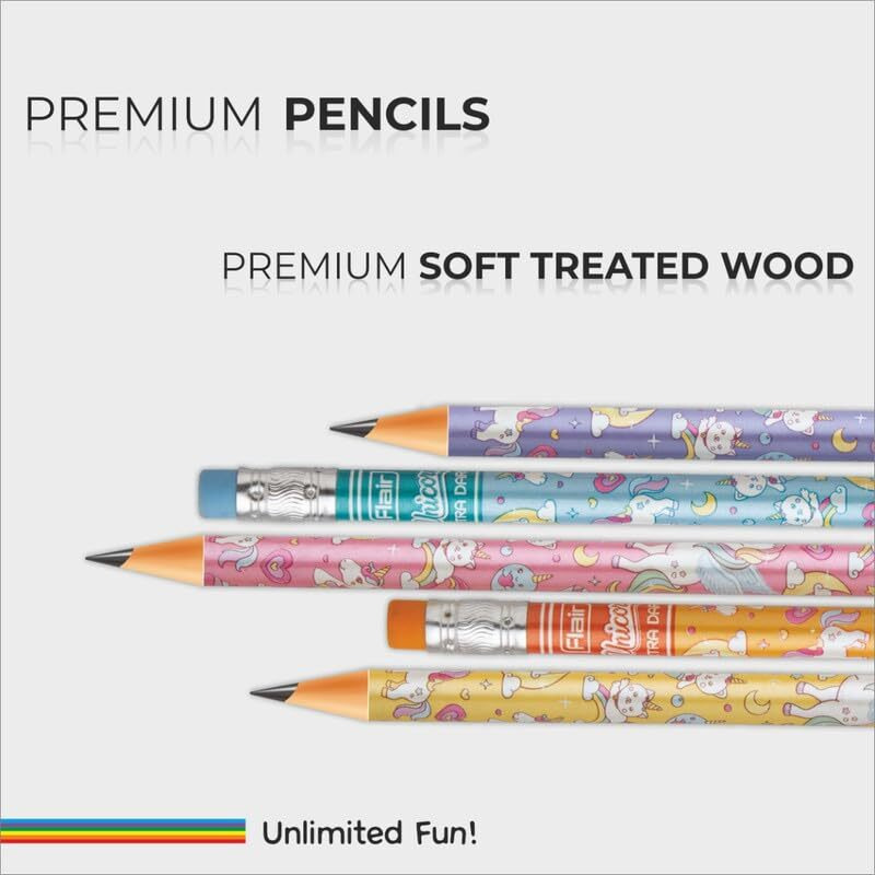 Flair Unicorn Xtra Dark Pencil Stand | Ergonomic Design With Rubber Tip Extra Dark Pencils | Dark Lines At Low Pressure | For Neat & Clean Handwriting | Pack Of 50 Pencils