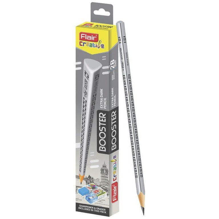 Flair Creative Series Booster 2B Extra Dark Graphite Triangular Pencil | Sharpener & Eraser Included In The Box | Pack Of 20 Pencils