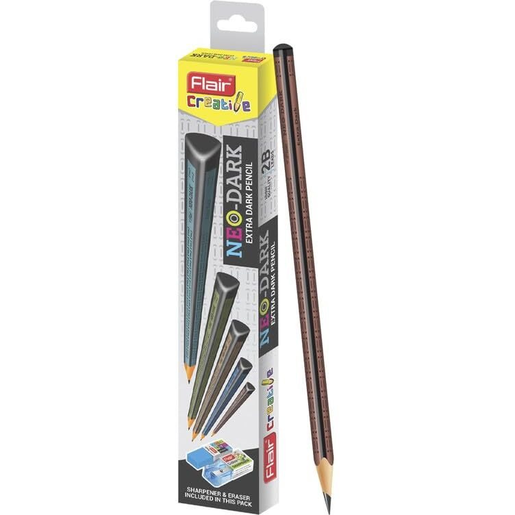 Flair Creative Series Neo-Dark 2B Extra Dark Graphite Triangular Pencil | Sharpener & Eraser Included In The Box | Pack Of 20 Pencils