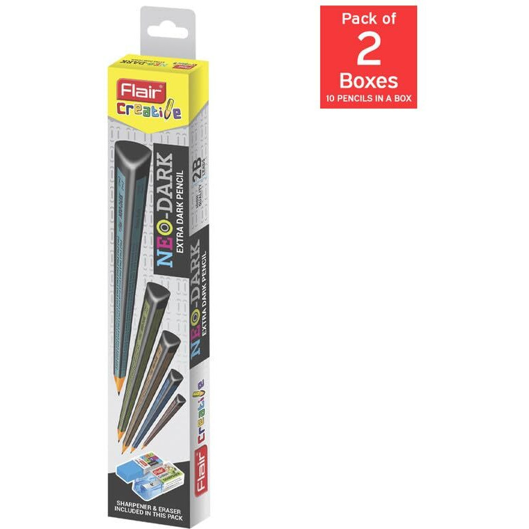 Flair Creative Series Neo-Dark 2B Extra Dark Graphite Triangular Pencil | Sharpener & Eraser Included In The Box | Pack Of 20 Pencils
