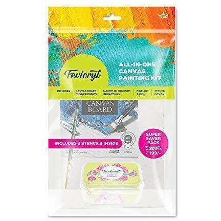 Fevicryl Pidilite All In One Artist Canvas Kit (1 Canvas, 1 Brush, 1 Acrylic Colour Kit, Stencils), Diy Kit, Painting Gift Set For Artists, Students, Multicoloured