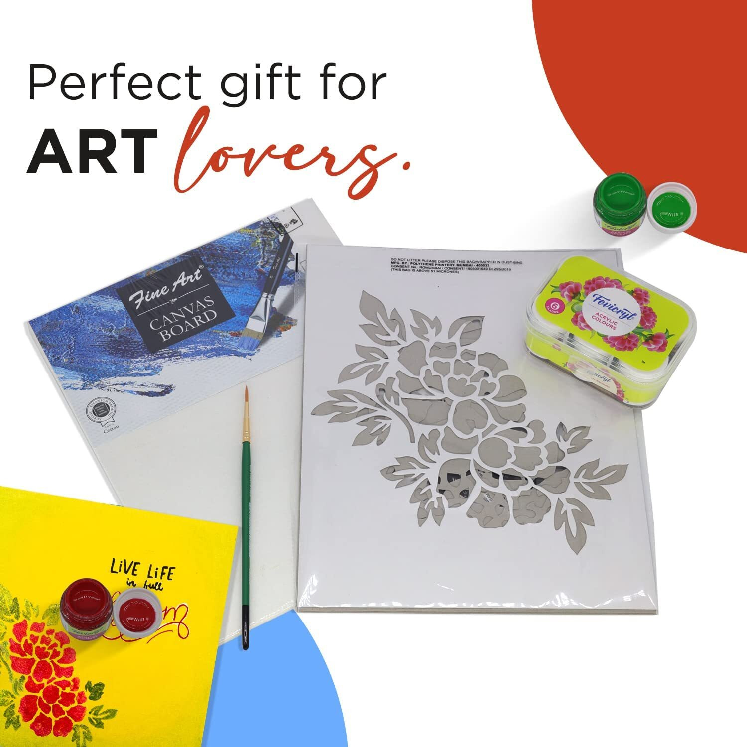 Fevicryl Pidilite All In One Artist Canvas Kit (1 Canvas, 1 Brush, 1 Acrylic Colour Kit, Stencils), Diy Kit, Painting Gift Set For Artists, Students, Multicoloured