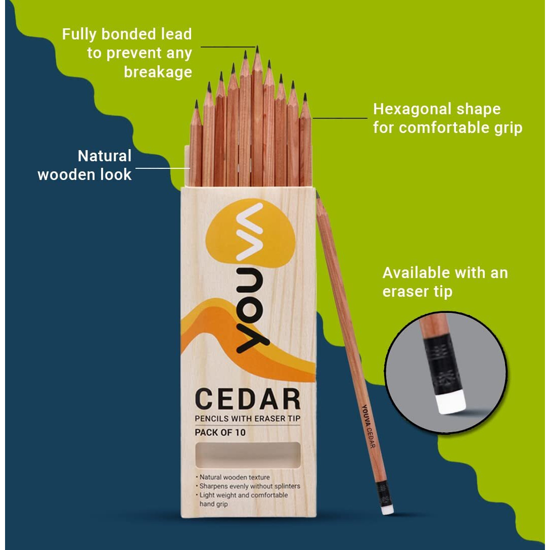 Youva Navneet Youva | Cedar Pencils With Eraser Tip For Students And Professionals | Writing Pencils | Pack Of 10 | Black