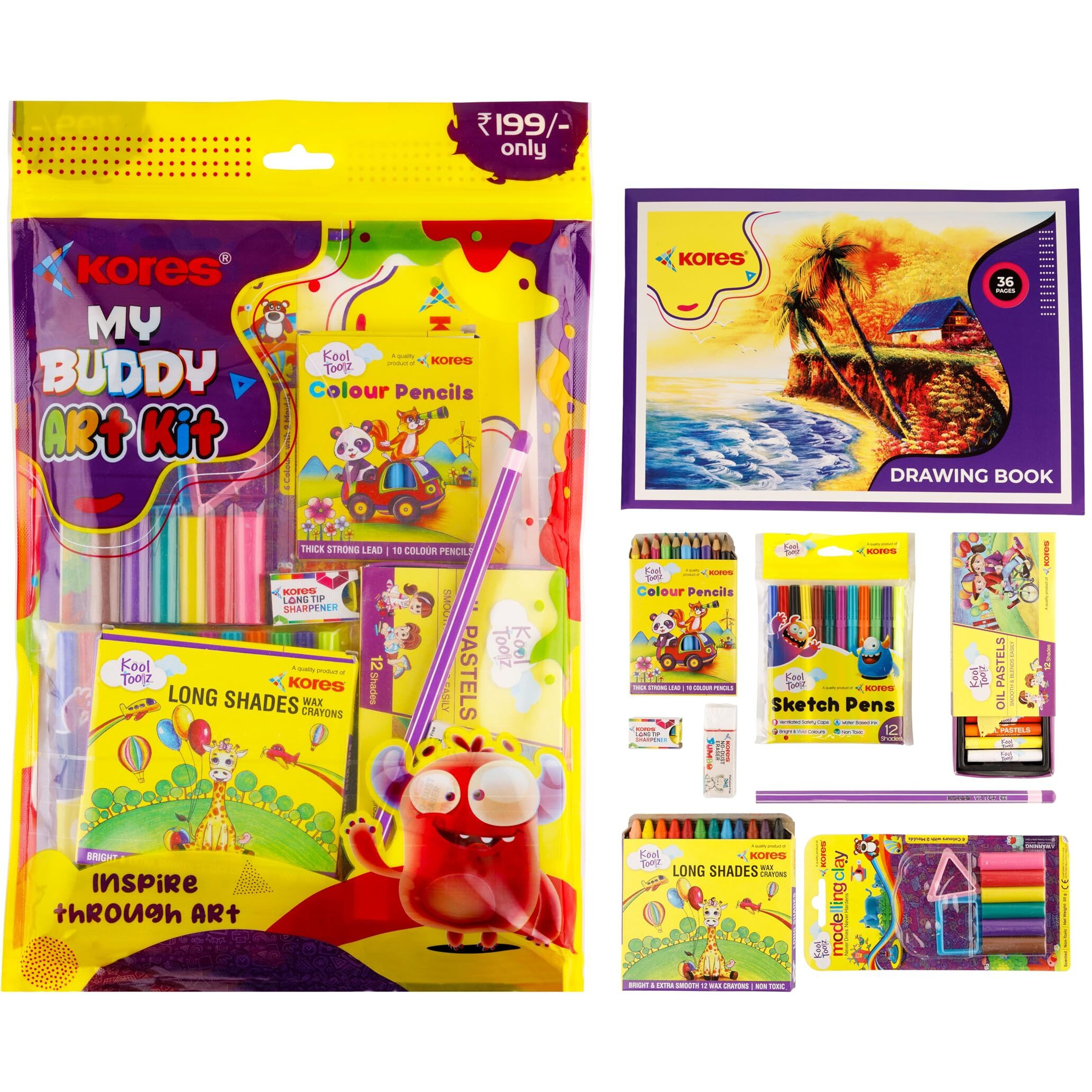 Kores My Buddy Art Kit | Gift Pack| Wax Crayons Colour Set| Oil Pastels| Mini Sketch Pens |Kids Drawing Set| Activity Book|Return Gifts|Multicolor