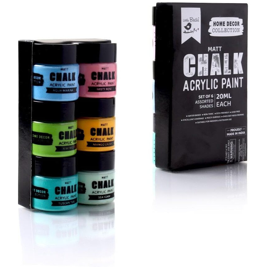 Little Birdie Home Decor Chalk Paint - 6Pcs X 20Ml 1 Kit (Colour Fusion) | Chalk Paint For Canvas, Wood Furniture, Wall, Home Decor, Glass, Terracotta Pots | Multi Surface Paint