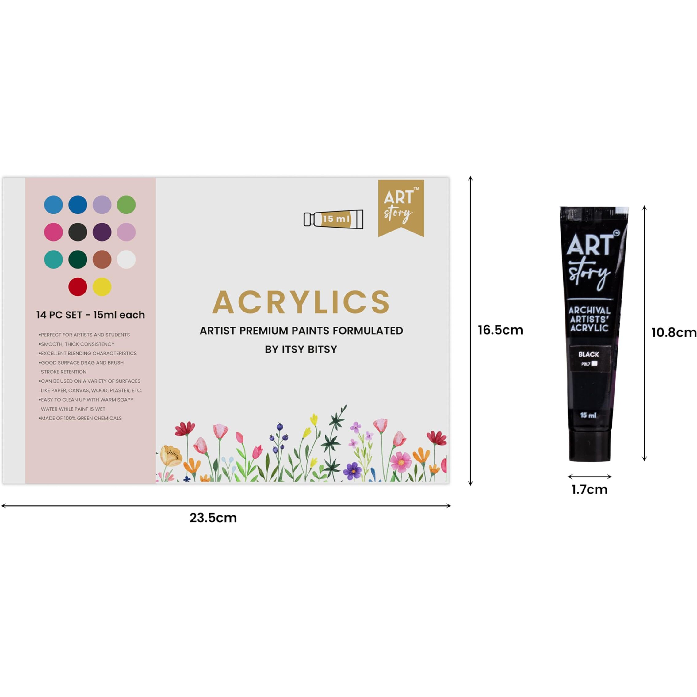 Itsy Bitsy Art Story Artists Acrylic Paint Set - 14 Colors X 15Ml Each| For Paper, Canvas, Mdf, Wall, Glass, Plastic, Metal, Terracotta|Premium Multi Surface Paint For Diy Art & Craft| For Beginners Students Adults
