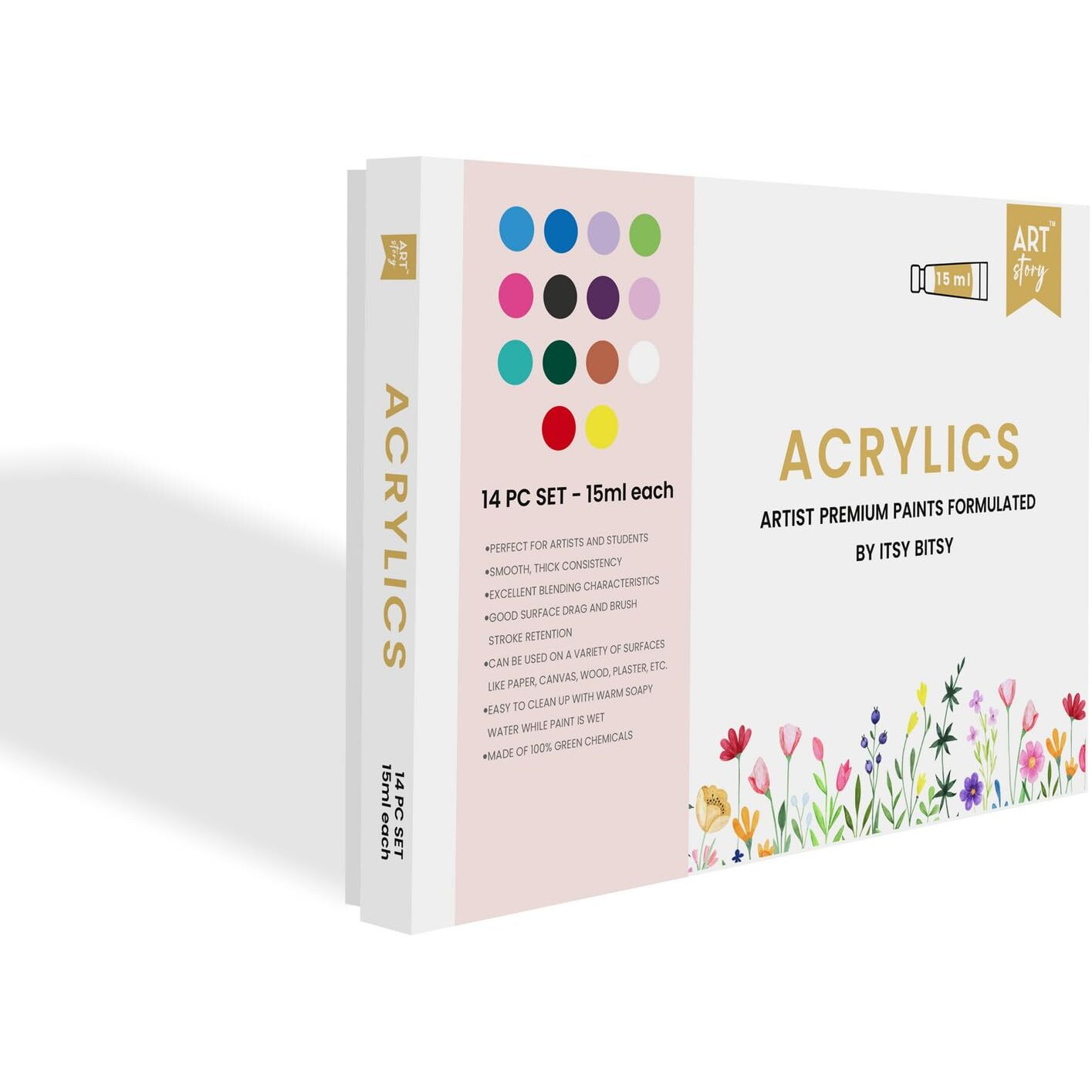 Itsy Bitsy Art Story Artists Acrylic Paint Set - 14 Colors X 15Ml Each| For Paper, Canvas, Mdf, Wall, Glass, Plastic, Metal, Terracotta|Premium Multi Surface Paint For Diy Art & Craft| For Beginners Students Adults