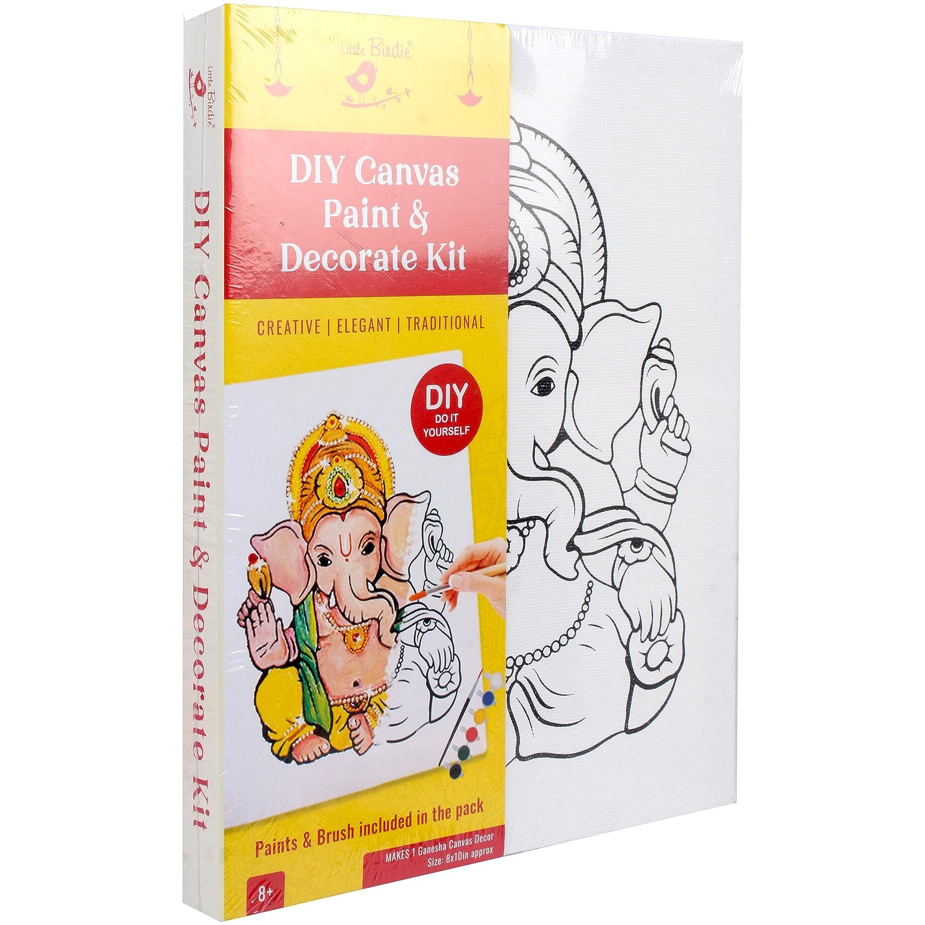 Little Birdie Diy Canvas Paint & Decorative Kit | Pre-Printed Ganesha Canvas Kit | Canvas Painting Kit For Home, Office, Temple, Shelf Decor | Gift For Kids Boys, Girls, Adults