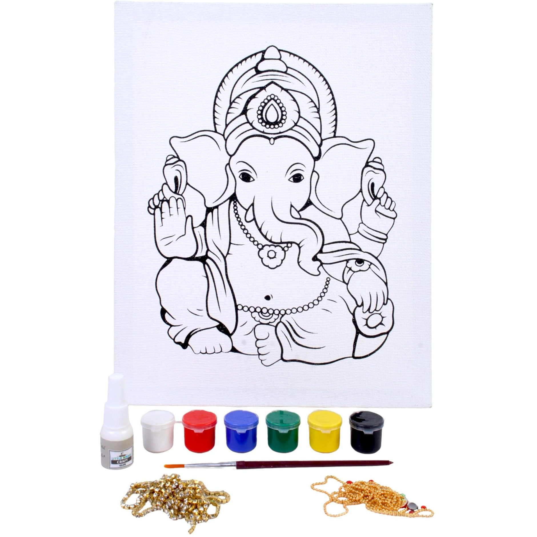 Little Birdie Diy Canvas Paint & Decorative Kit | Pre-Printed Ganesha Canvas Kit | Canvas Painting Kit For Home, Office, Temple, Shelf Decor | Gift For Kids Boys, Girls, Adults