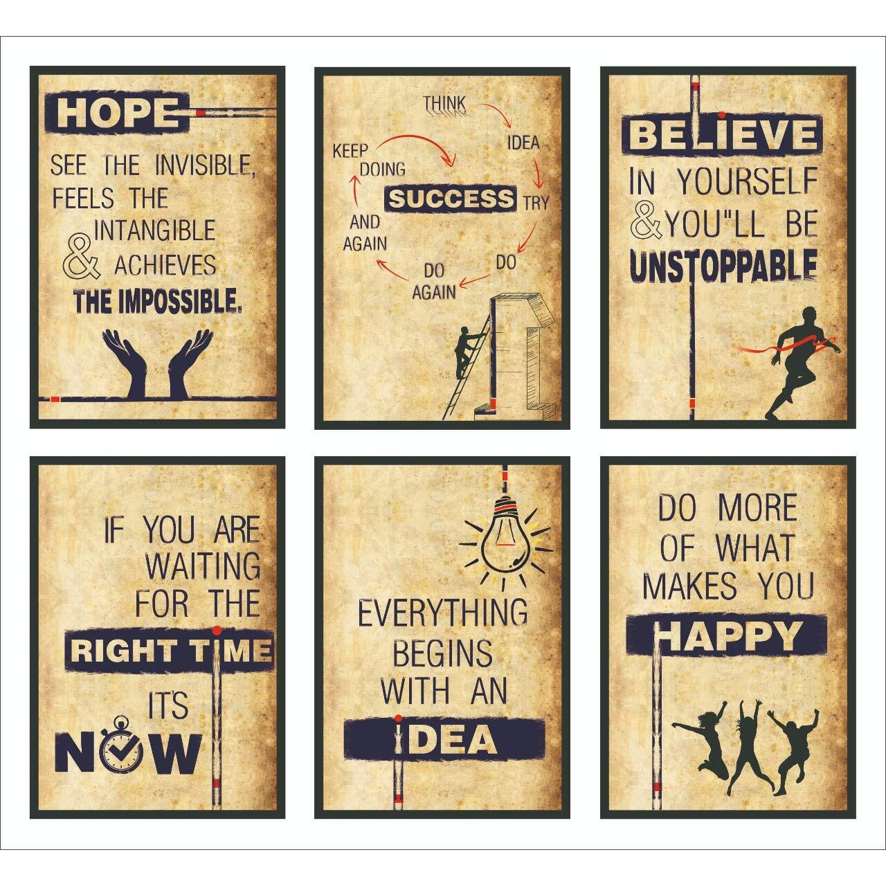 Vantagekart Hope, Success, Believe, Time, Idea, Happy Inspirational Motivational Self Adhesive Wall Posters For Home & Office Decor (Paper, 12X18-Inch, Brown) - Set Of 6