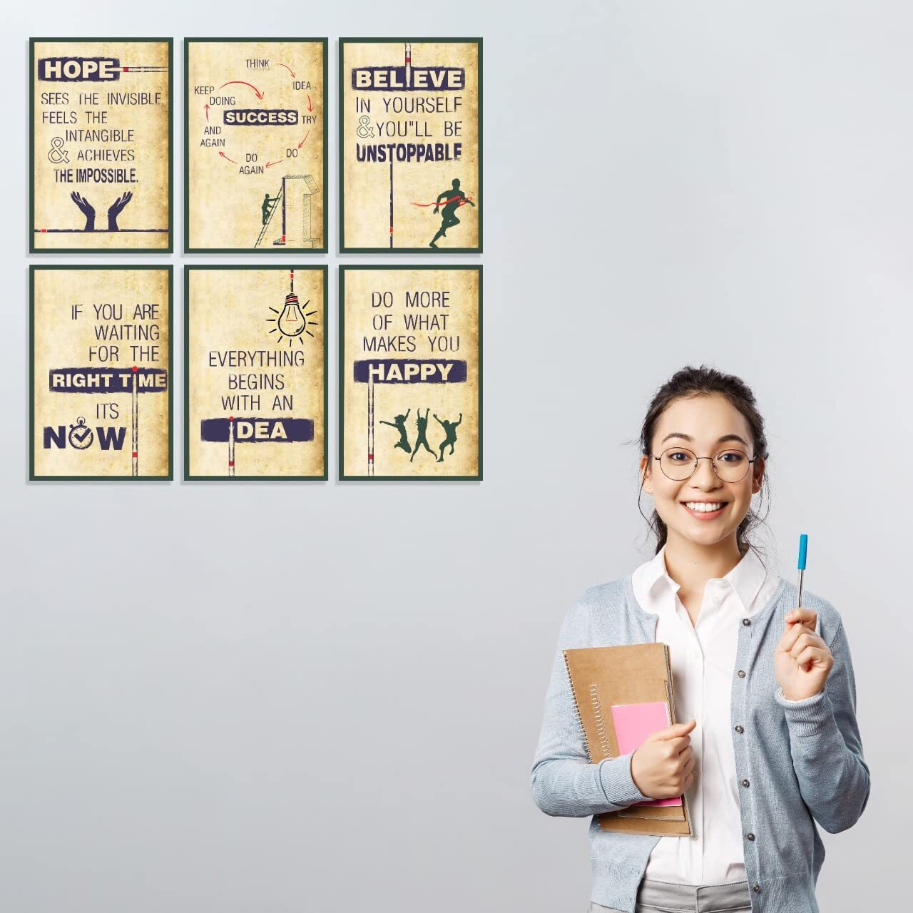 Vantagekart Hope, Success, Believe, Time, Idea, Happy Inspirational Motivational Self Adhesive Wall Posters For Home & Office Decor (Paper, 12X18-Inch, Brown) - Set Of 6