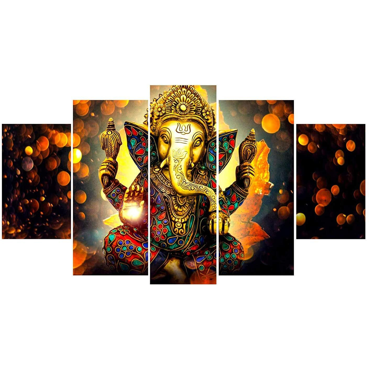 Kartik Digital Ganesha Print 5 Panel Wall Decor Wall Art Wooden Painting Wallpapers For Home, Office & Gift (30 X 17.5 Inches)