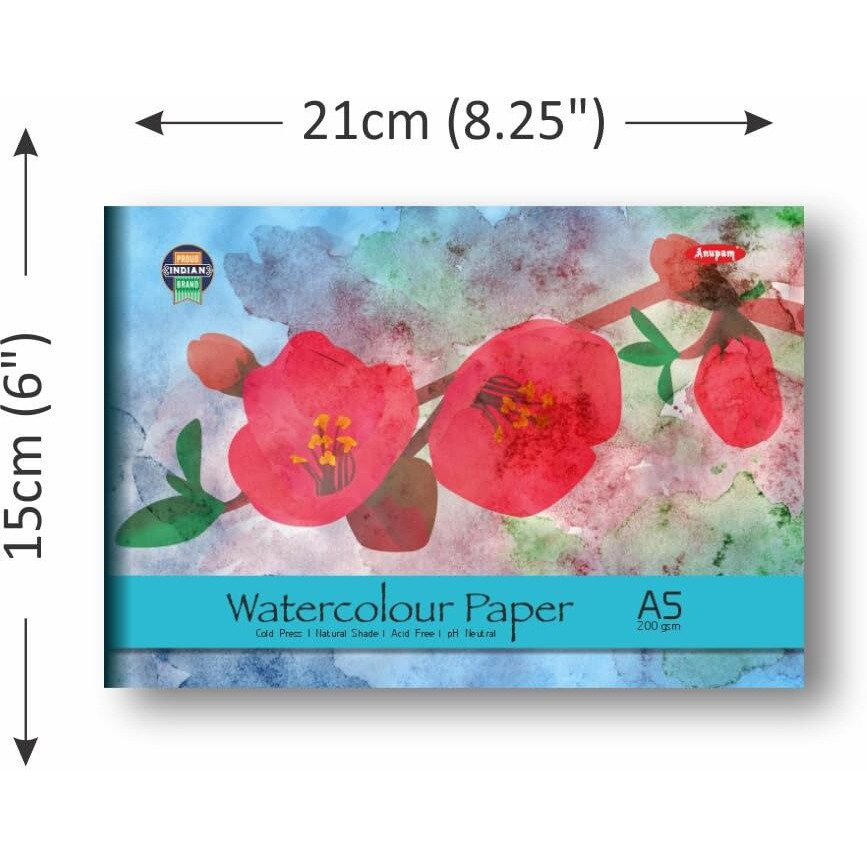 Anupam Artists Watercolour Glued Pads 200 Gsm Cold Pressed A4 For Watercolour, Gouache, Ink, Acrylic, Wet & Mixed Media, Art Painting, Drawing (12 Sheets)