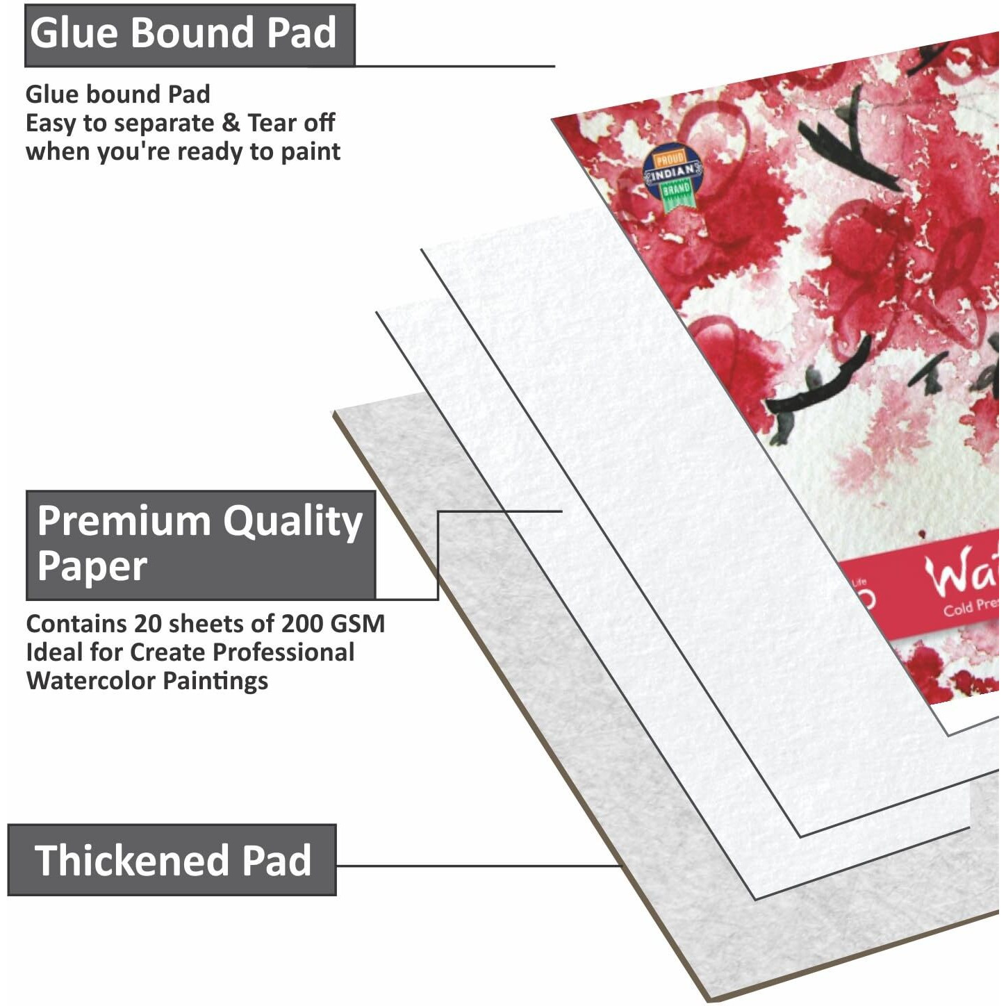 Anupam Artists Watercolour Glued Pads 200 Gsm Cold Pressed A4 For Watercolour, Gouache, Ink, Acrylic, Wet & Mixed Media, Art Painting, Drawing (12 Sheets)