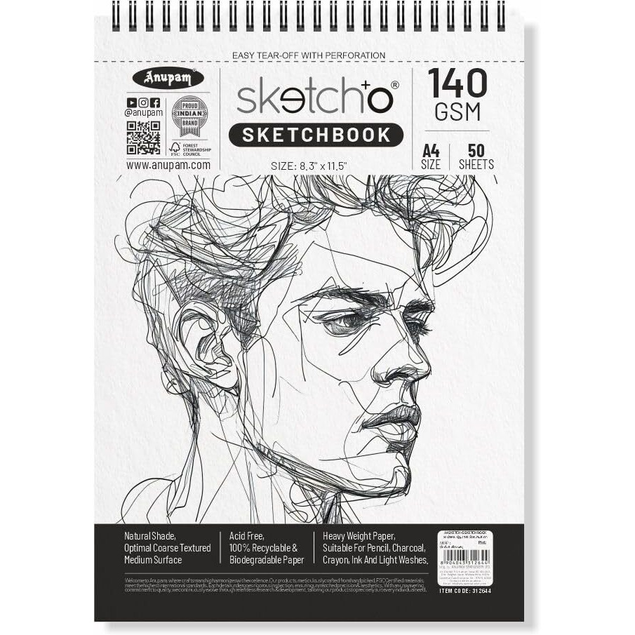 Anupam Sketcho Sketch Book A4 Top Wiro Bound Drawing Book Acid Free Paper 140 Gsm For Artists, Professional (50 Sheets, 100 Pages)