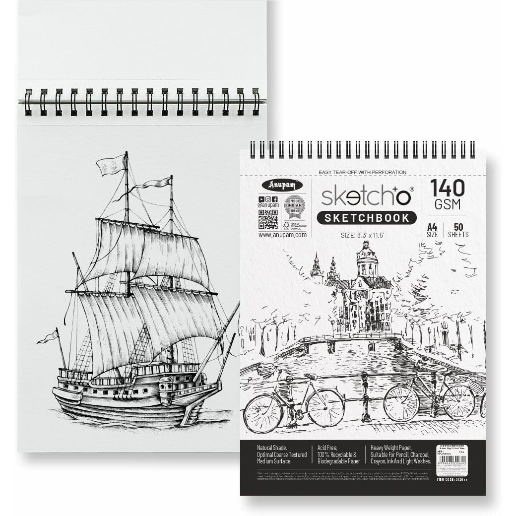 Anupam Sketcho Sketch Book A4 Top Wiro Bound Drawing Book Acid Free Paper 140 Gsm For Artists, Professional (50 Sheets, 100 Pages)
