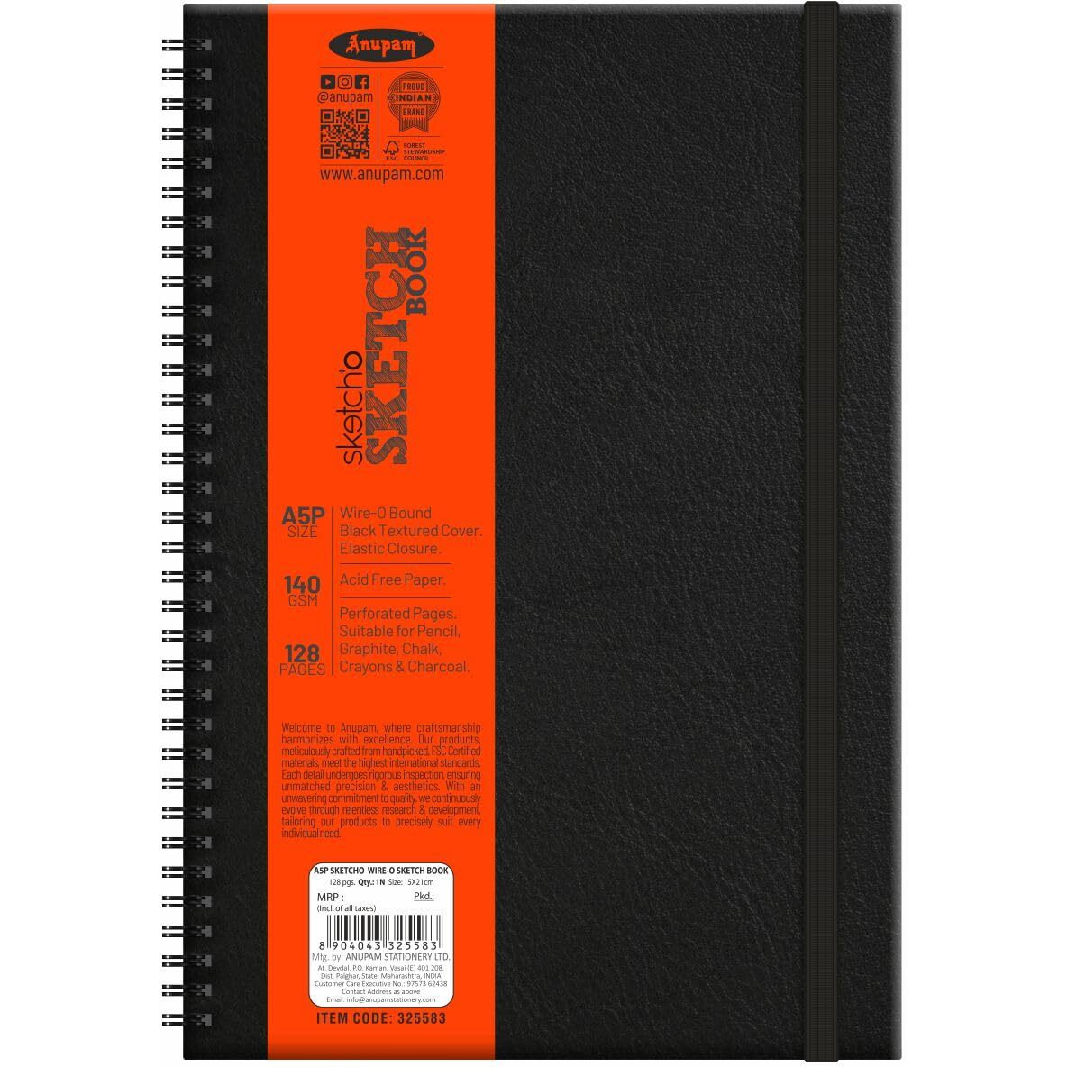 Anupam Sketcho Wiro Sketchbook Hardbound - Acid Free - 140 Gsm - A5-128 Pages