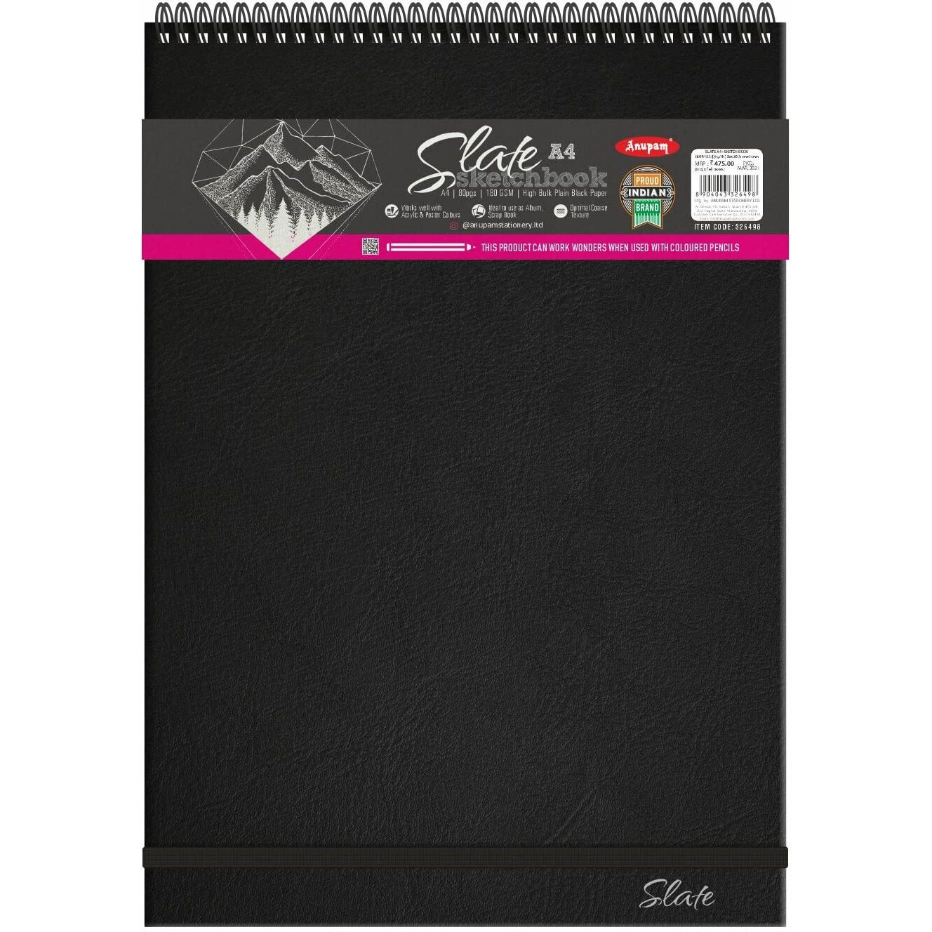 Anupam Slate Sketch Book A4 Spiral Bound Drawing Book Acid Free Paper 140 Gsm For Artists, Professional (40 Sheets, 80 Pages)