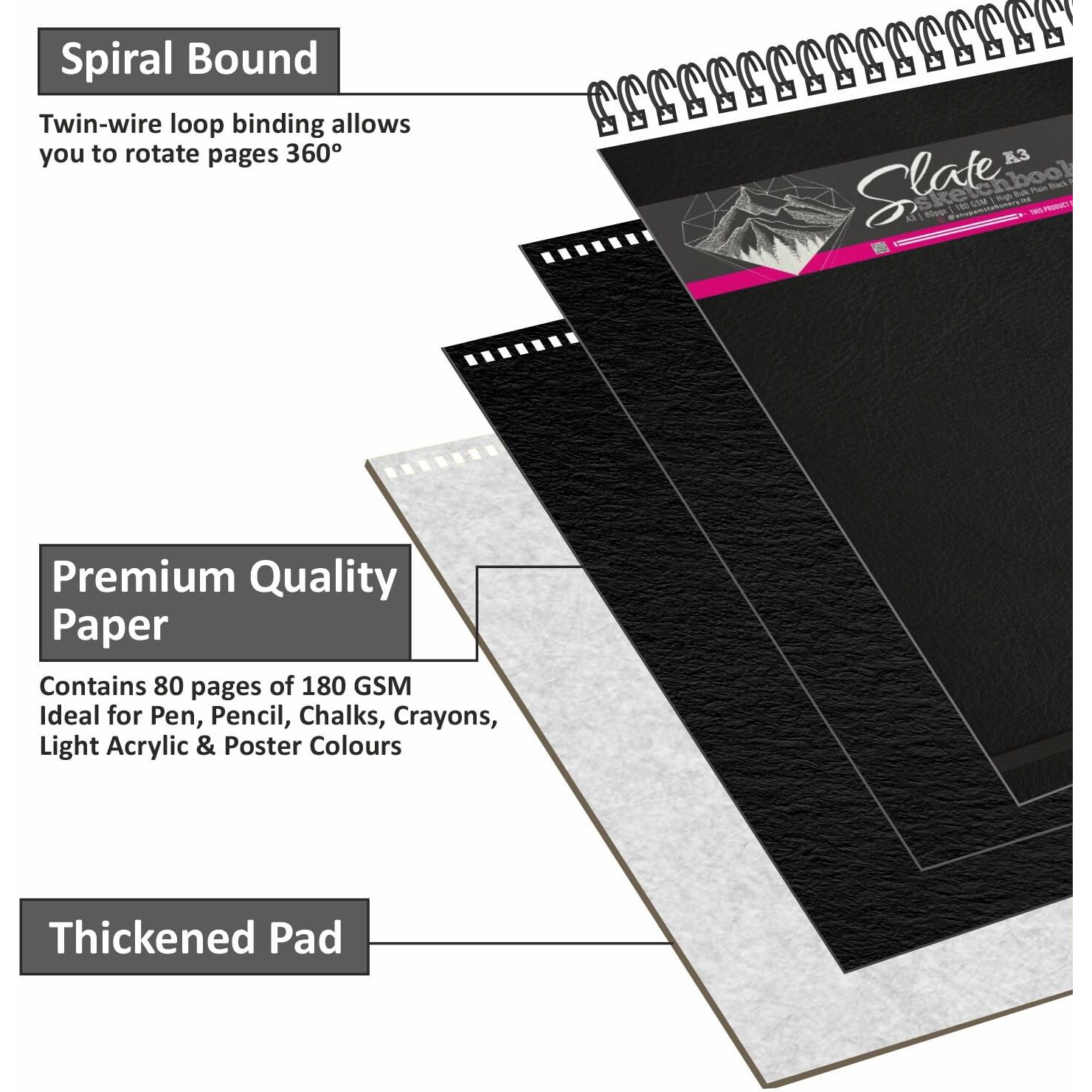 Anupam Slate Sketch Book A4 Spiral Bound Drawing Book Acid Free Paper 140 Gsm For Artists, Professional (40 Sheets, 80 Pages)