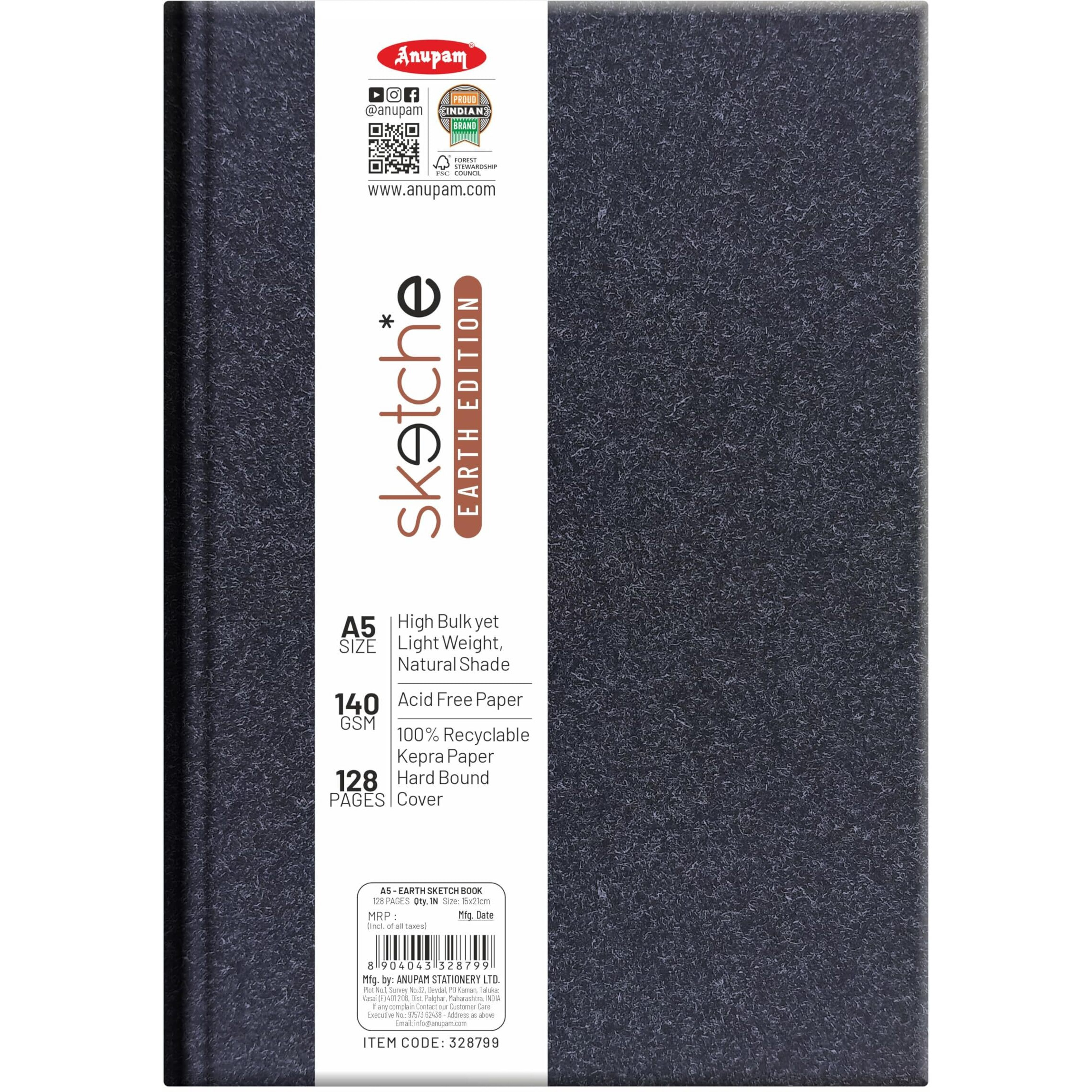 Anupam Earth Sketche Drawing Book A5 | 100% Recycled Hardbound Cove Book | 140 Gsm | Acid Free 65 Sheets / 128 Pages | Drawing Sketchbook For Artists And Students | For Dry Techniques