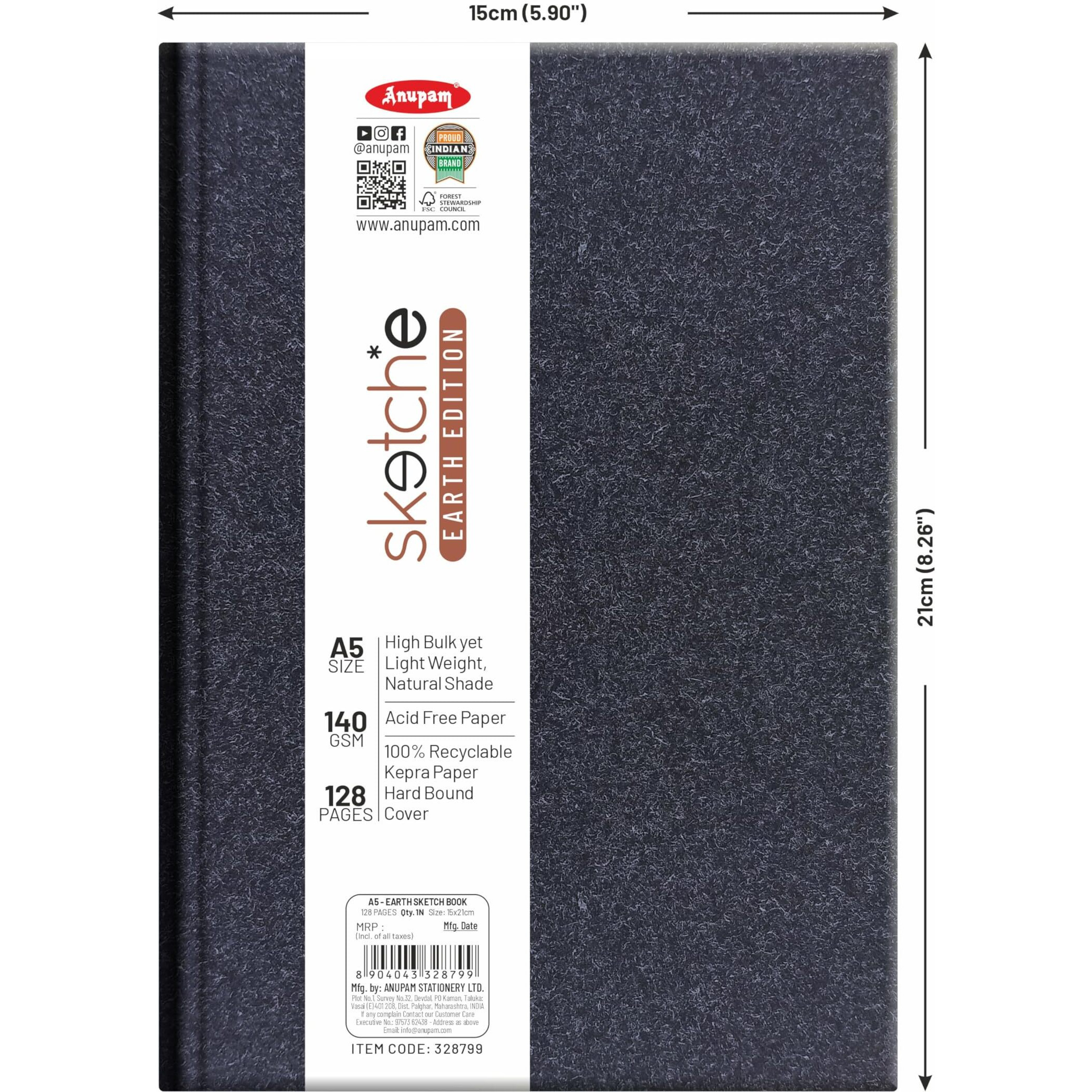 Anupam Earth Sketche Drawing Book A5 | 100% Recycled Hardbound Cove Book | 140 Gsm | Acid Free 65 Sheets / 128 Pages | Drawing Sketchbook For Artists And Students | For Dry Techniques