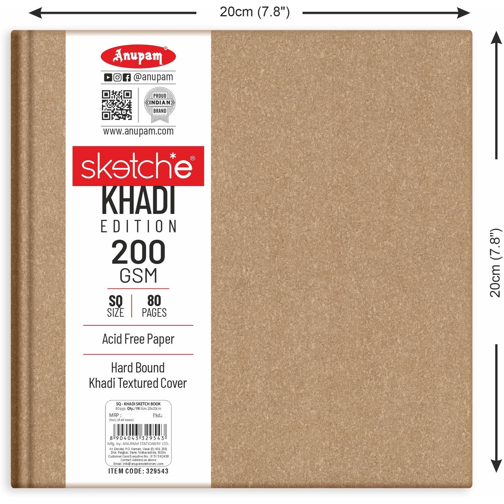 Anupam Sketche Khadi (Cover) Hardcover Sketch Book Square | 40 Sheets / 80 Pages | 200 Gsm Acid-Free Cartridge Paper | Good For Marker Watercolor, Alcohol Markers, Acrylic, Ink, Oil Pastel, Pencil