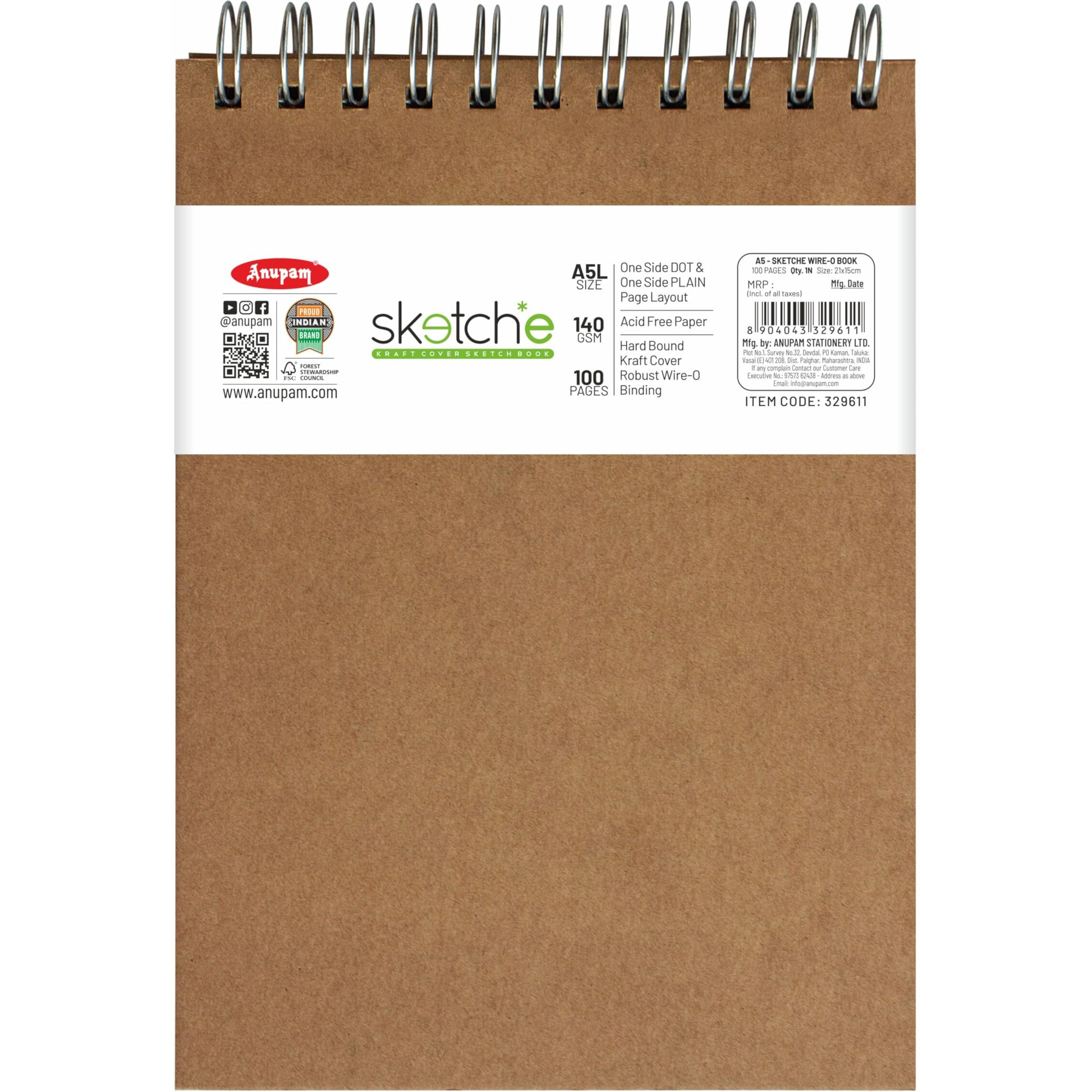 Anupam Sketch-E Sketch Book A5 Hard Cover Wireo Binding Drawing Notebook 100% Recycled Kraft Paper Plain & Dot-Grid On One Side 140Gsm 100 Pages For Artists Students Sketching