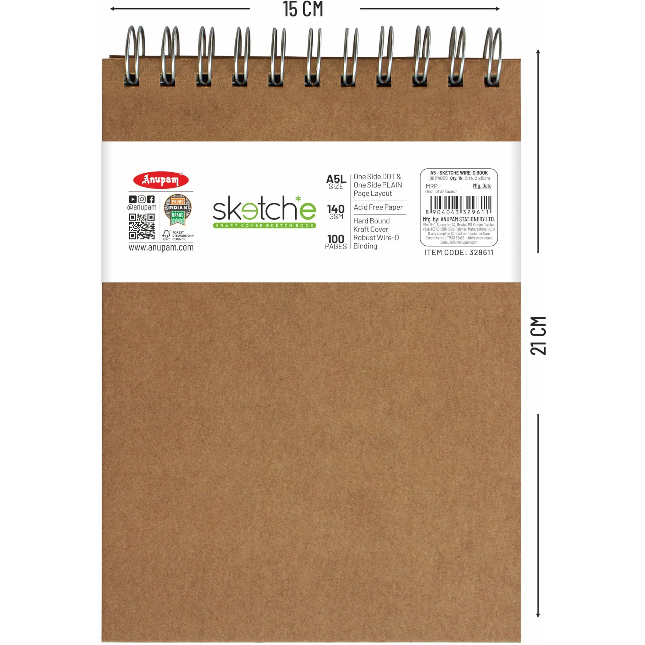 Anupam Sketch-E Sketch Book A5 Hard Cover Wireo Binding Drawing Notebook 100% Recycled Kraft Paper Plain & Dot-Grid On One Side 140Gsm 100 Pages For Artists Students Sketching