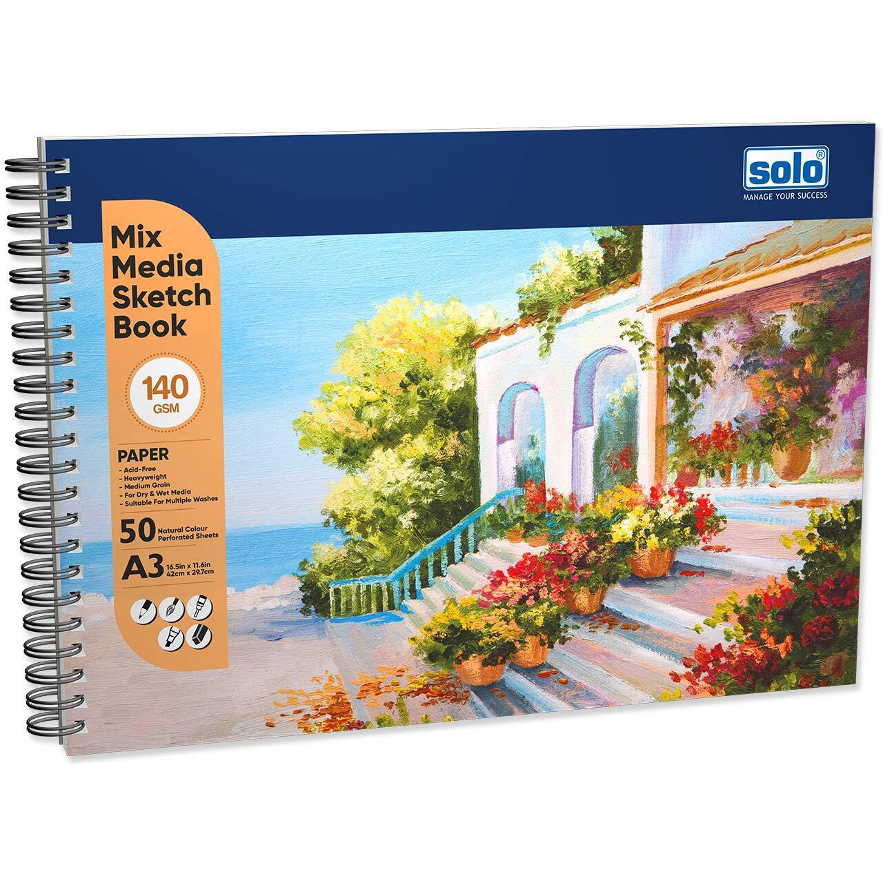 Solo Mix Media Sketchbook A3 Natural Shade Spiral-Bound Professional-Grade Premium Acid-Free, 140 Gsm Drawing Book For Art Marker, Watercolor, Acrylic, Pastel (Landscape, 42X29.7Cm)