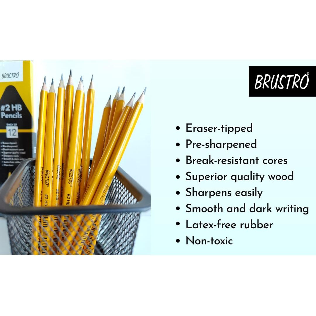 Brustro 2Hb Pencils | Pack Of 12 | Strong Grip, Extra Dark With Eraser Tip, Pre-Sharpened, Smooth Handwriting, Drawing, Sketching, Mandala, Graphite, Ideal For Students And Adults, School, Office Use