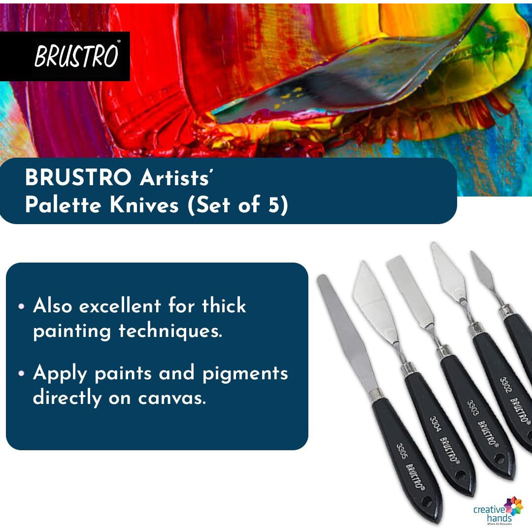 Brustro Artists Palette Painting Knives | Set Of 5 | Wooden Handle, Stainless Steel Blade, Ergonomically Designed | Ideal For Gesso, Acrylic Paint, Modeling Paste, Texture Gels, Creative Artworks