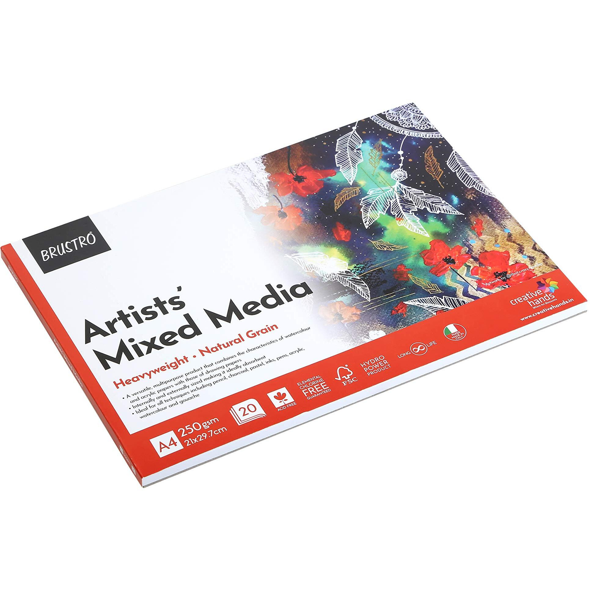 Brustro Artists Mixed Media Glued Pad | 250 Gsm,A4,20 Sheets | Ideal For Acrylic Painting, Oil & Tempera, Multipurpose Use For Students, Professionals.