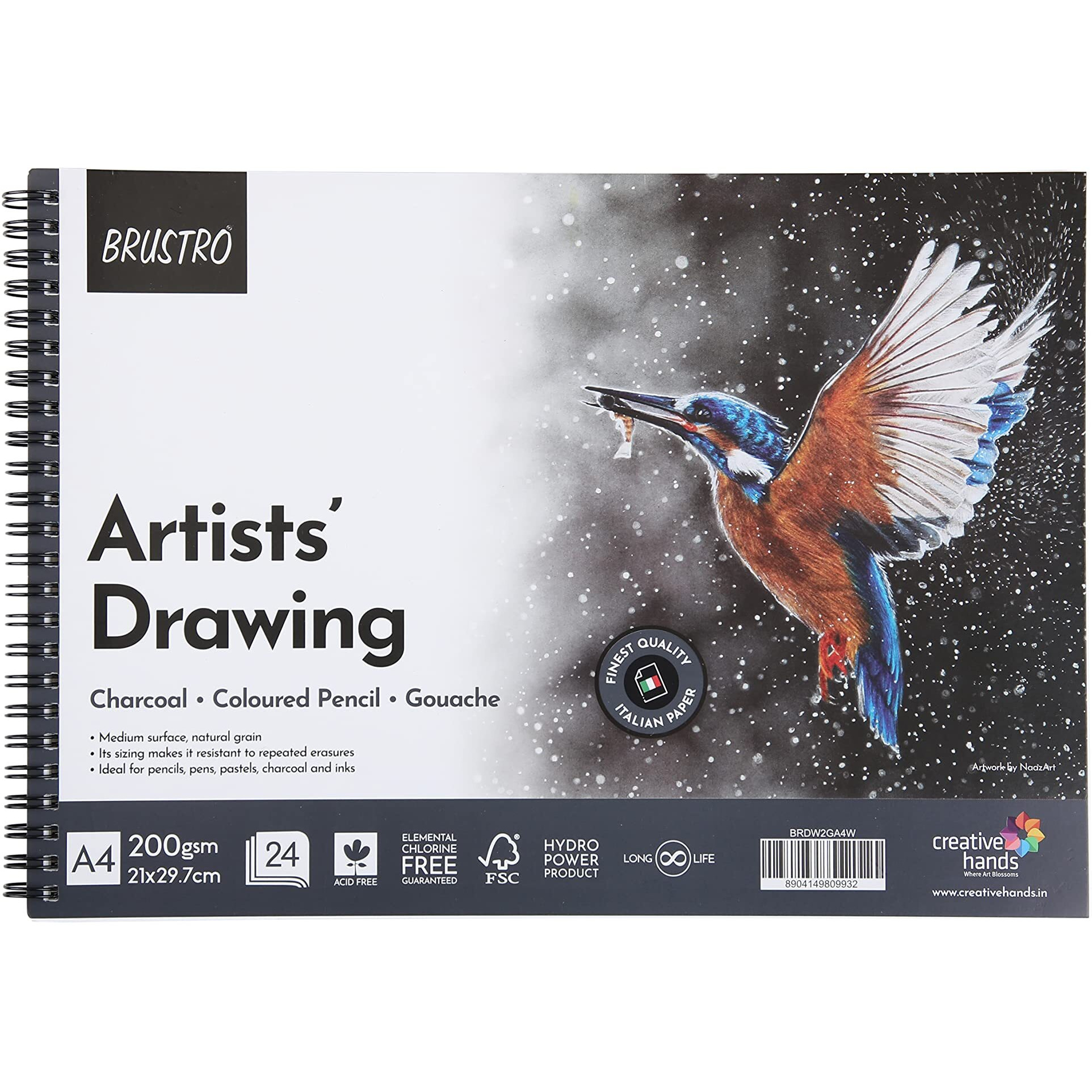 Brustro Artists Drawing Wiro Paper Pad A4-200Gsm (24 Sheets) | Ideal For Pencil, Drawing, Charcoal, Art, Pen, Pastel, Ink.