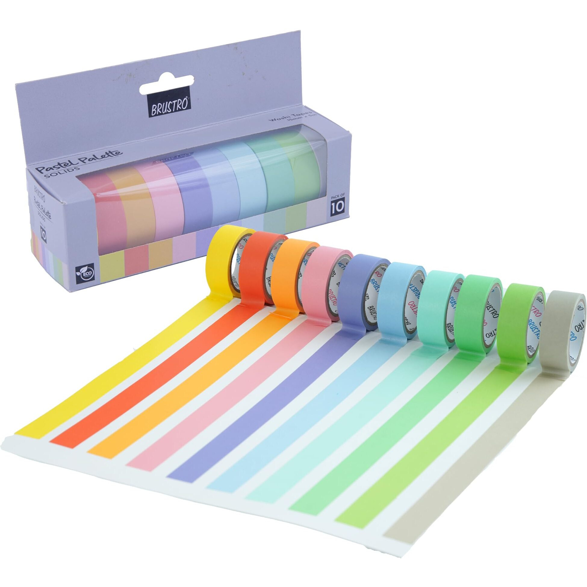 Brustro Washi Masking Tapes Pastel Palette Solids Shade, 15 Mm X 5 Mtrs (Set Of 10)