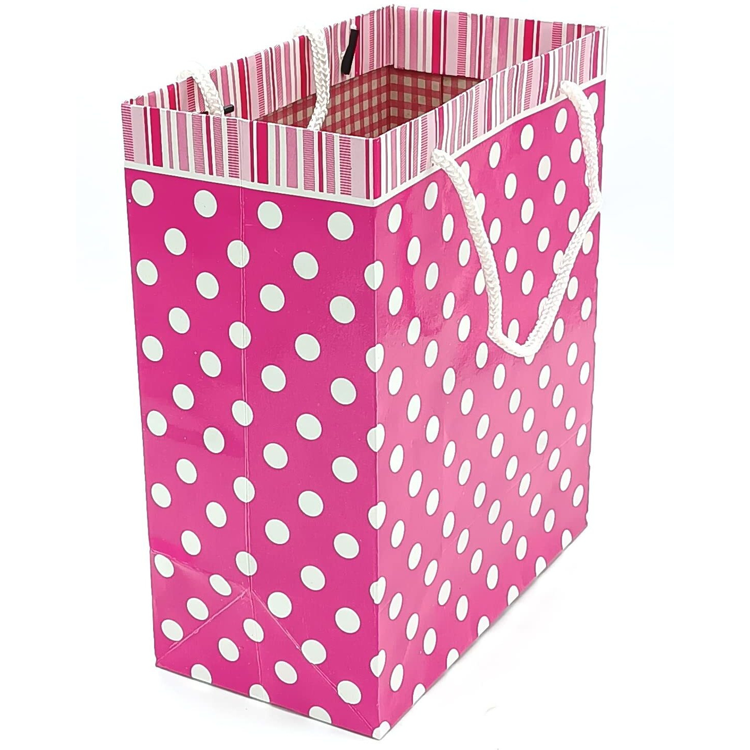 Gold Leaf Polka Dot Paper Bags, Gift Carry Paper Bags,Return Gift Carry, Pink Color. Lxwxh17.5X7.5X22Cm Small (Pack Of 10Pcs)